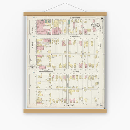 Old map wall art mockup — magnetic wood frame on white wall — Sanborn Fire Insurance Map from Findlay, Hancock County, Ohio (1887), Sheet #0005