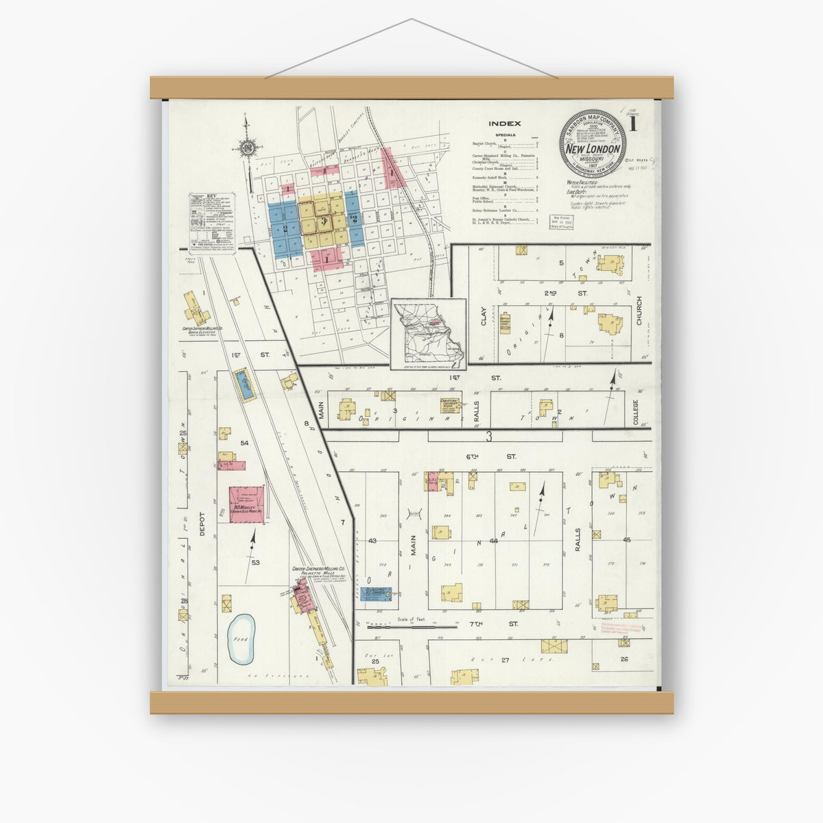 Old map wall art mockup — magnetic wood frame on white wall — Sanborn Fire Insurance Map from New London, Ralls County, Missouri (1917) - Complete Map Set