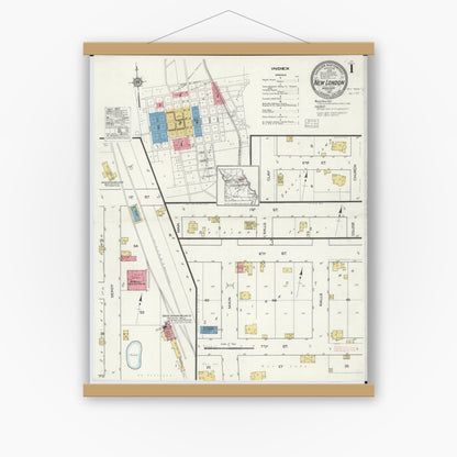 Old map wall art mockup — magnetic wood frame on white wall — Sanborn Fire Insurance Map from New London, Ralls County, Missouri (1917) - Complete Map Set