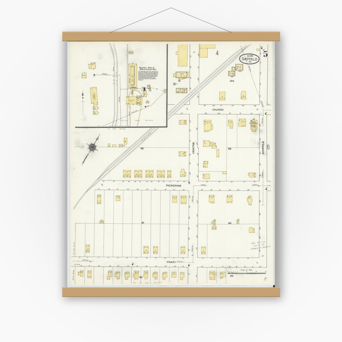 Old map wall art mockup — magnetic wood frame on white wall — Sanborn Fire Insurance Map from Sheffield, Warren County, Pennsylvania (1910), Sheet #0005