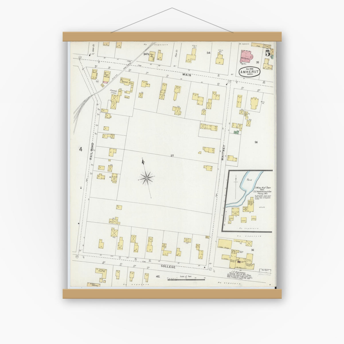 Old map wall art mockup — magnetic wood frame on white wall — Sanborn Fire Insurance Map from Amherst, Hampshire County, Massachusetts (1896), Sheet #0005