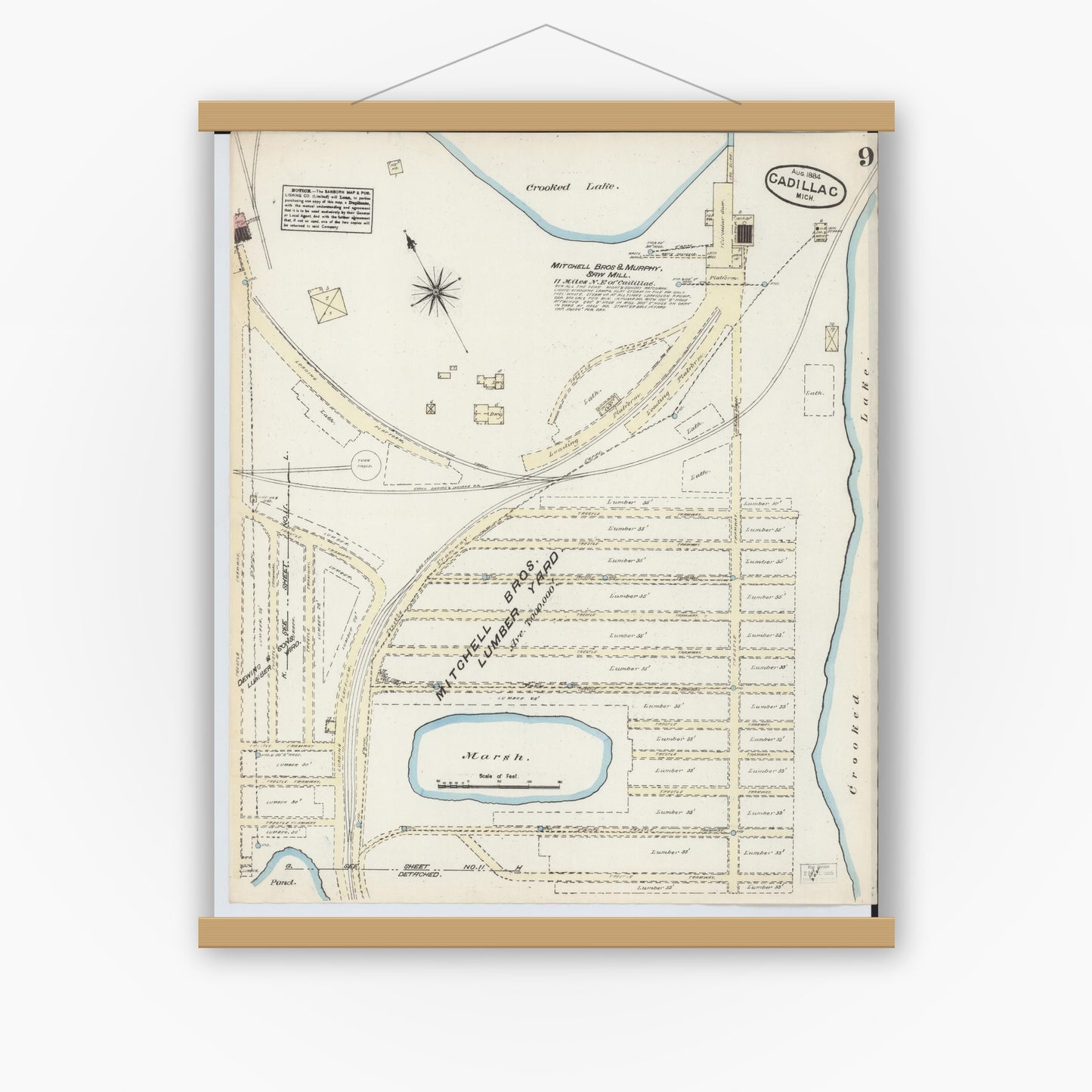 Old map wall art mockup — magnetic wood frame on white wall — Sanborn Fire Insurance Map from Cadillac, Wexford County, Michigan (1884), Sheet #0009