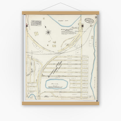 Old map wall art mockup — magnetic wood frame on white wall — Sanborn Fire Insurance Map from Cadillac, Wexford County, Michigan (1884), Sheet #0009