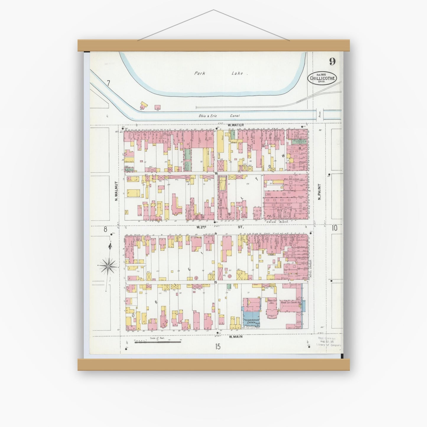 Old map wall art mockup — magnetic wood frame on white wall — Sanborn Fire Insurance Map from Chillicothe, Ross County, Ohio (1900), Sheet #0009