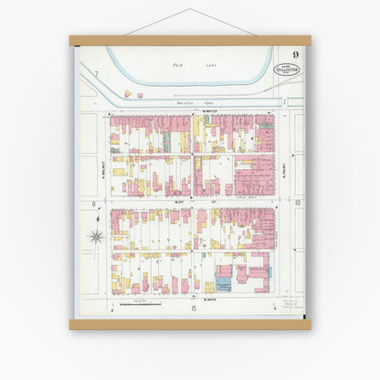 Old map wall art mockup — magnetic wood frame on white wall — Sanborn Fire Insurance Map from Chillicothe, Ross County, Ohio (1900), Sheet #0009