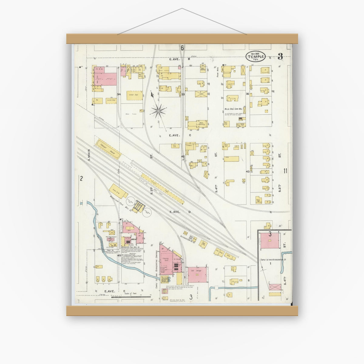 Old map wall art mockup — magnetic wood frame on white wall — Sanborn Fire Insurance Map from Temple, Bell County, Texas (1905), Sheet #0003