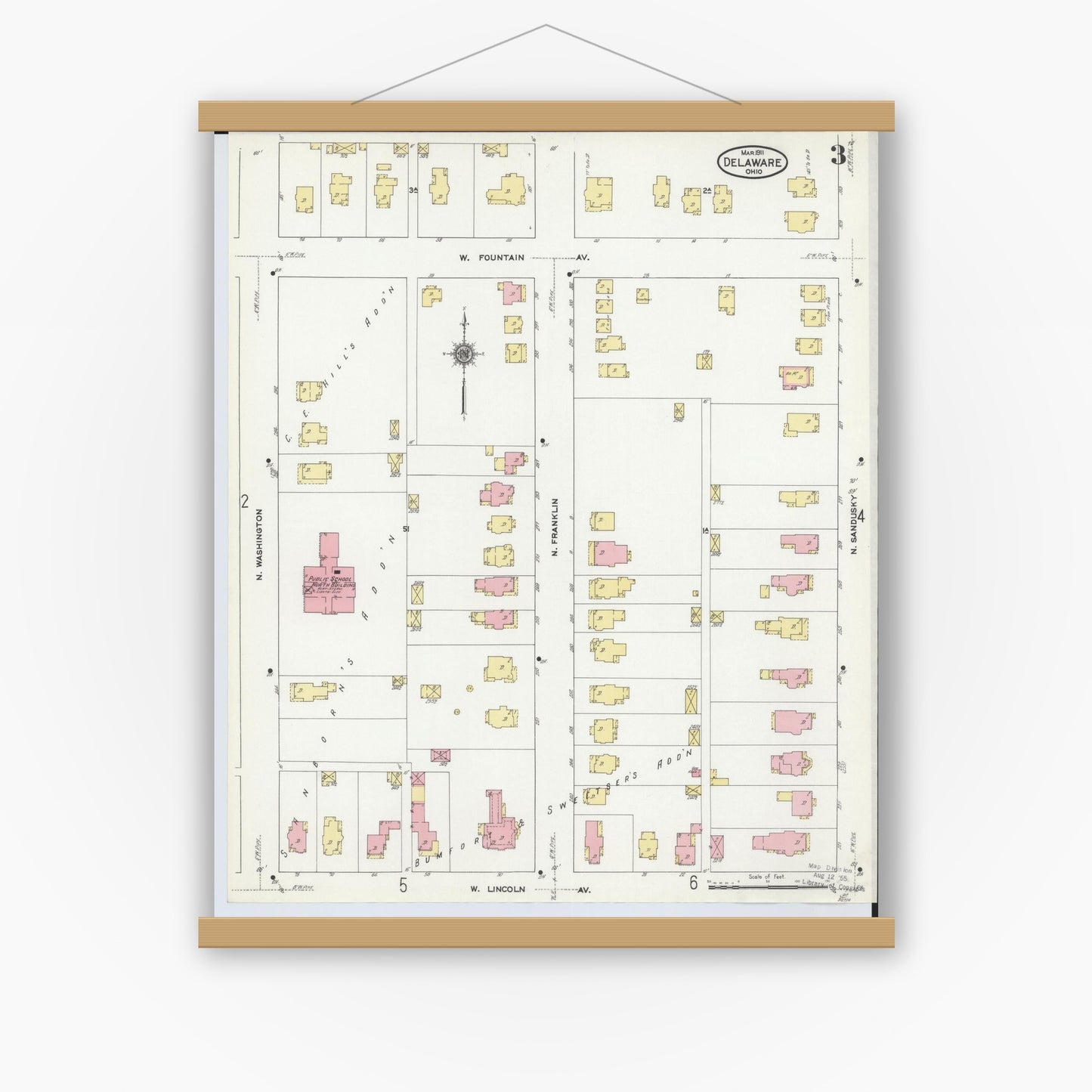 Old map wall art mockup — magnetic wood frame on white wall — Sanborn Fire Insurance Map from Delaware, Delaware County, Ohio (1911), Sheet #0003