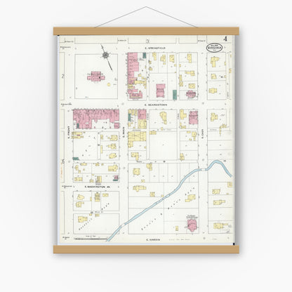 Old map wall art mockup — magnetic wood frame on white wall — Sanborn Fire Insurance Map from Virginia, Cass County, Illinois (1909), Sheet #0004