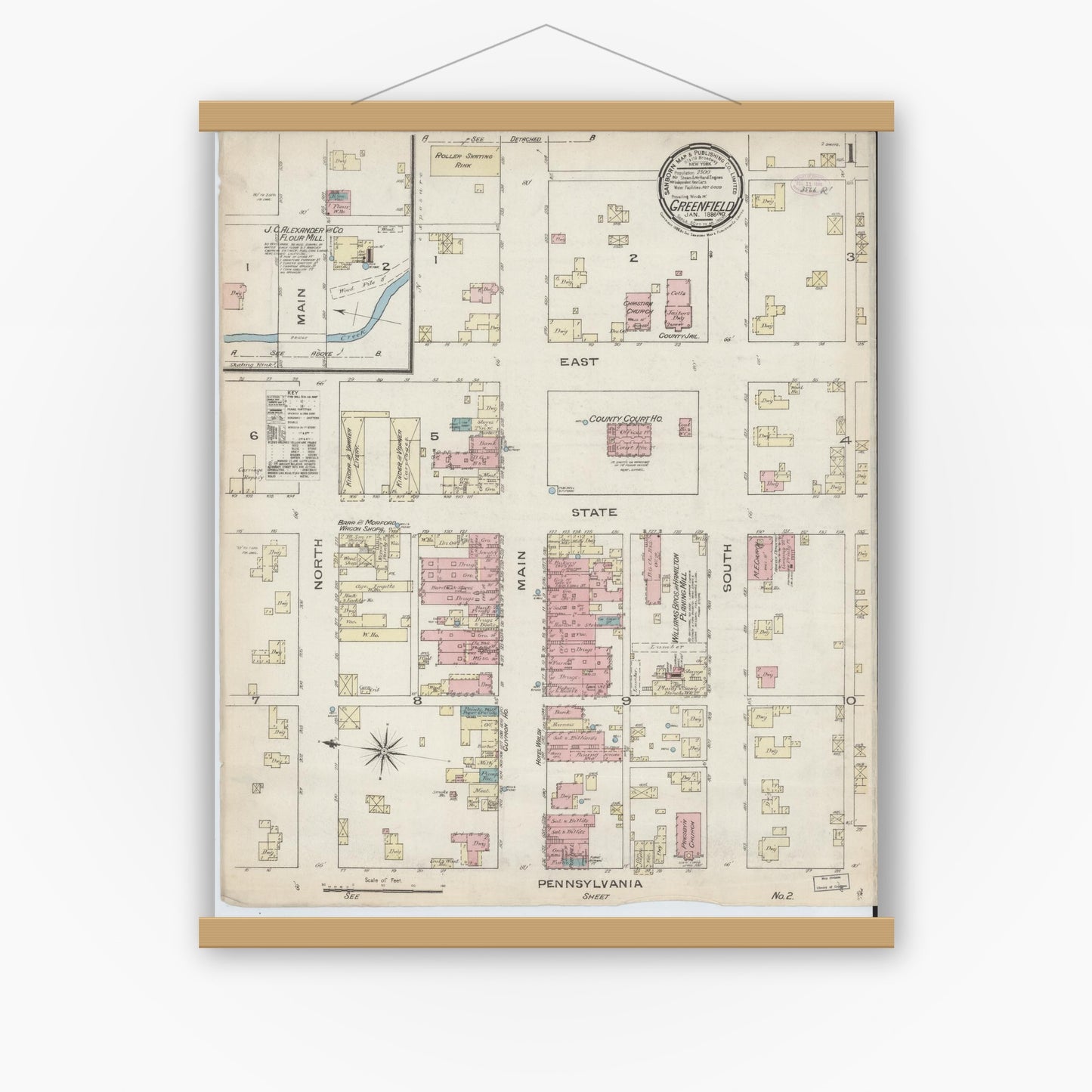 Old map wall art mockup — magnetic wood frame on white wall — Sanborn Fire Insurance Map from Greenfield, Hancock County, Indiana (1886) - Complete Map Set