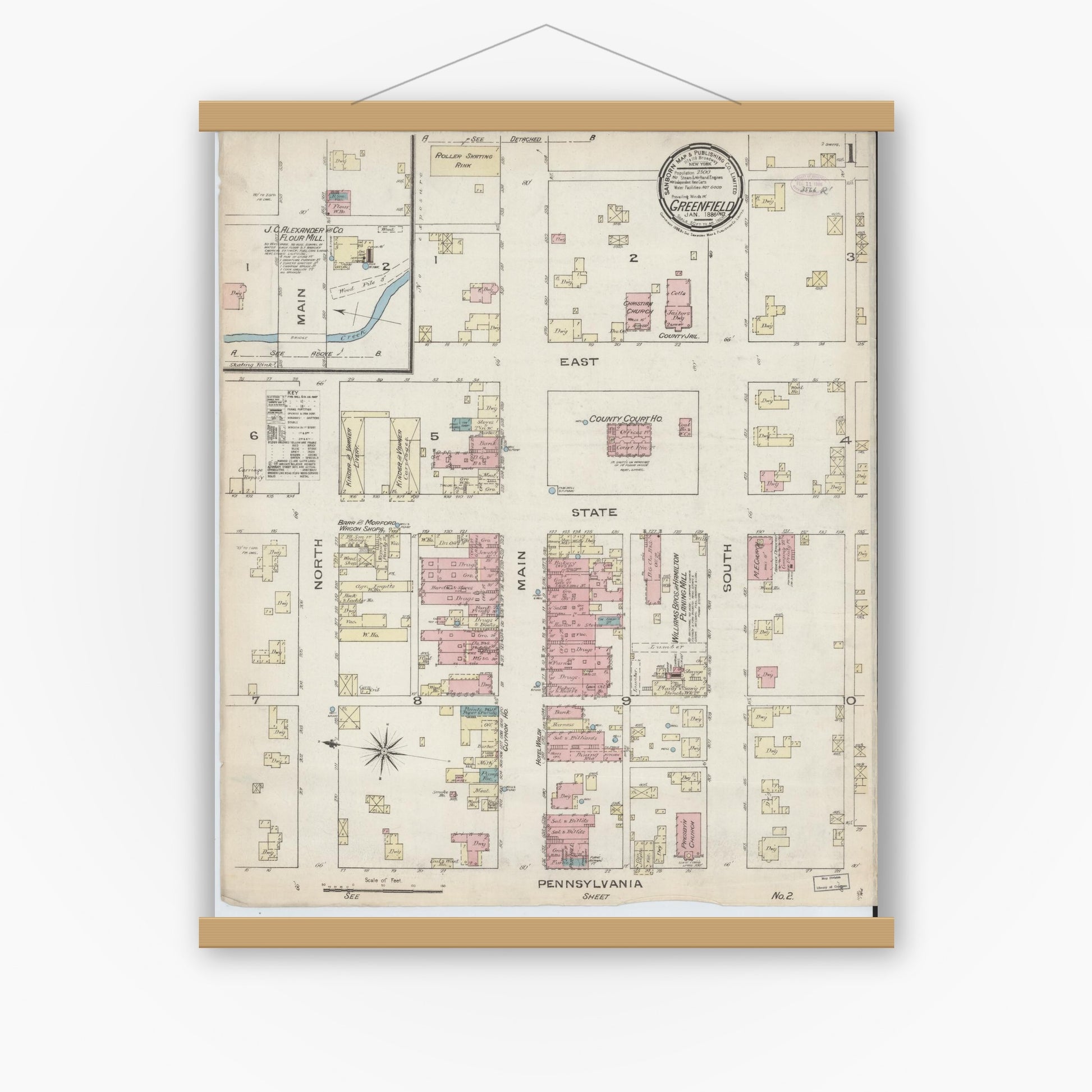Old map wall art mockup — magnetic wood frame on white wall — Sanborn Fire Insurance Map from Greenfield, Hancock County, Indiana (1886) - Complete Map Set