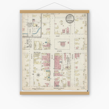 Old map wall art mockup — magnetic wood frame on white wall — Sanborn Fire Insurance Map from Greenfield, Hancock County, Indiana (1886) - Complete Map Set