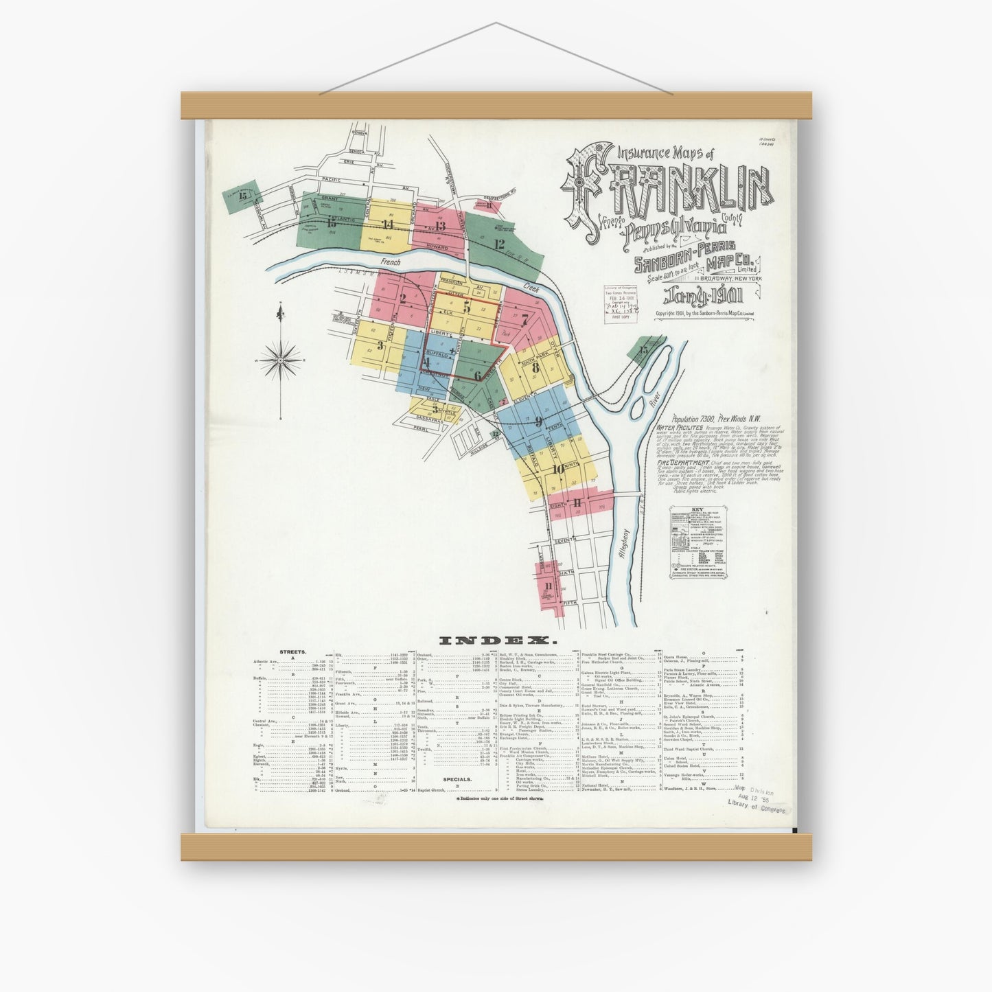 Old map wall art mockup — magnetic wood frame on white wall — Sanborn Fire Insurance Map from Franklin, Venango County, Pennsylvania (1901) - Complete Map Set