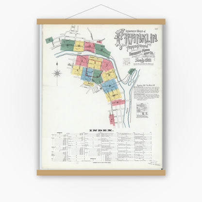 Old map wall art mockup — magnetic wood frame on white wall — Sanborn Fire Insurance Map from Franklin, Venango County, Pennsylvania (1901) - Complete Map Set