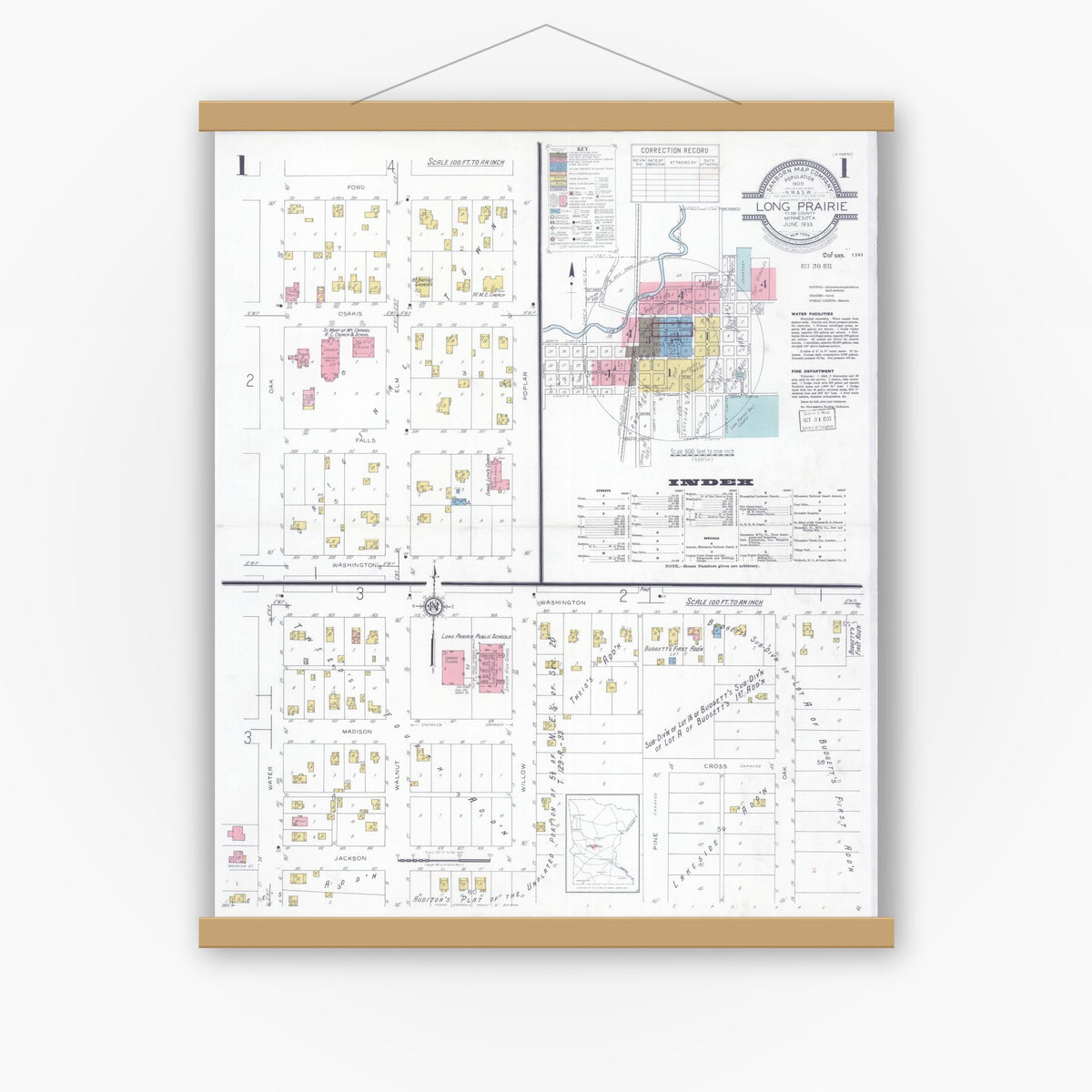 Old map wall art mockup — magnetic wood frame on white wall — Sanborn Fire Insurance Map from Long Prairie, Todd County, Minnesota (1933) - Complete Map Set