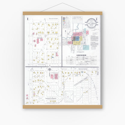 Old map wall art mockup — magnetic wood frame on white wall — Sanborn Fire Insurance Map from Long Prairie, Todd County, Minnesota (1933) - Complete Map Set