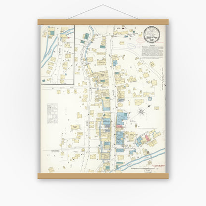 Old map wall art mockup — magnetic wood frame on white wall — Sanborn Fire Insurance Map from Angels Camp, Calaveras County, California (1898), Sheet #0001