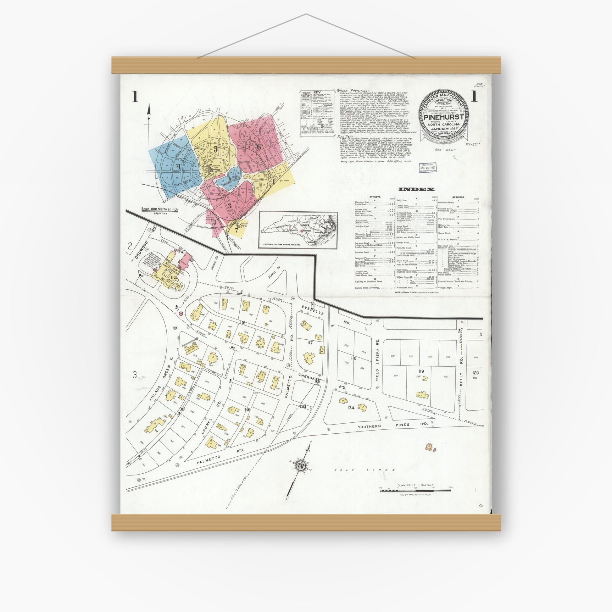 Old map wall art mockup — magnetic wood frame on white wall — Sanborn Fire Insurance Map from Pinehurst, Moore County, North Carolina (1927), Sheet #0001
