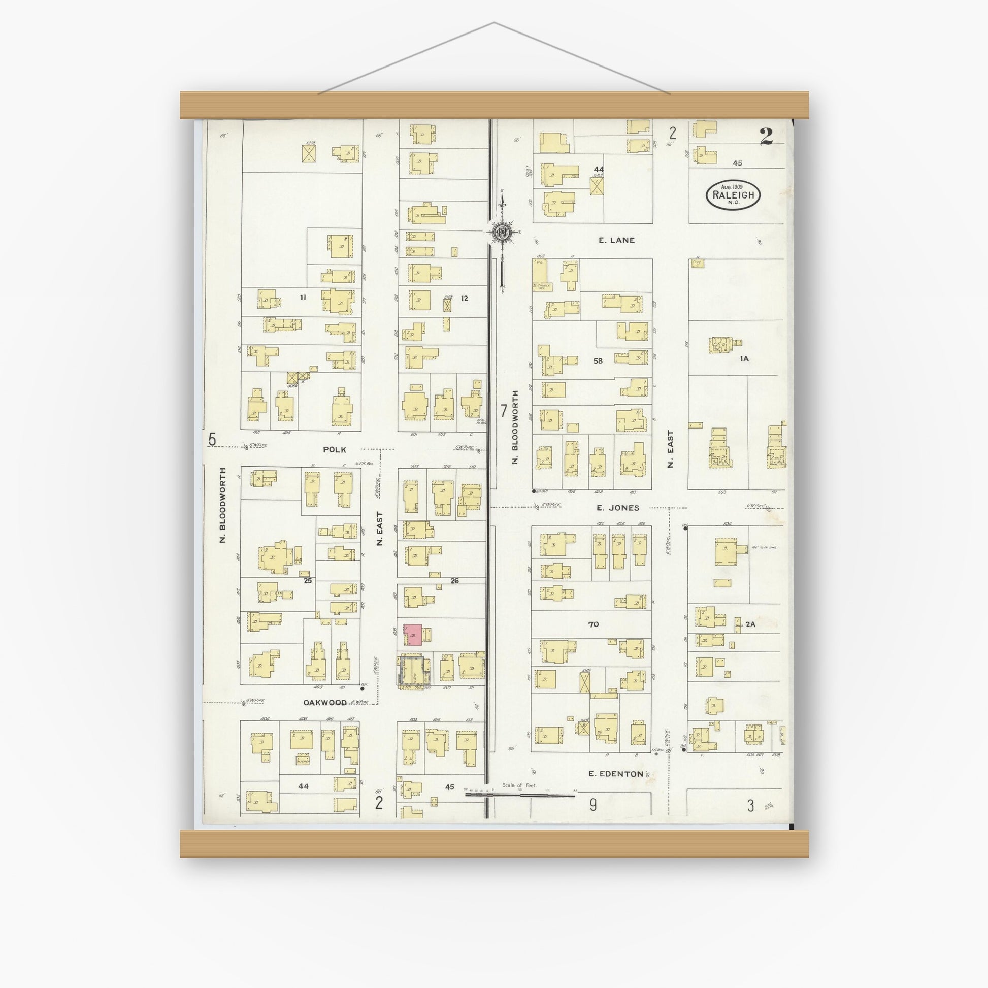 Old map wall art mockup — magnetic wood frame on white wall — Sanborn Fire Insurance Map from Raleigh, Wake County, North Carolina (1909), Sheet #0002