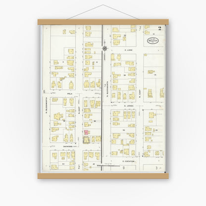 Old map wall art mockup — magnetic wood frame on white wall — Sanborn Fire Insurance Map from Raleigh, Wake County, North Carolina (1909), Sheet #0002