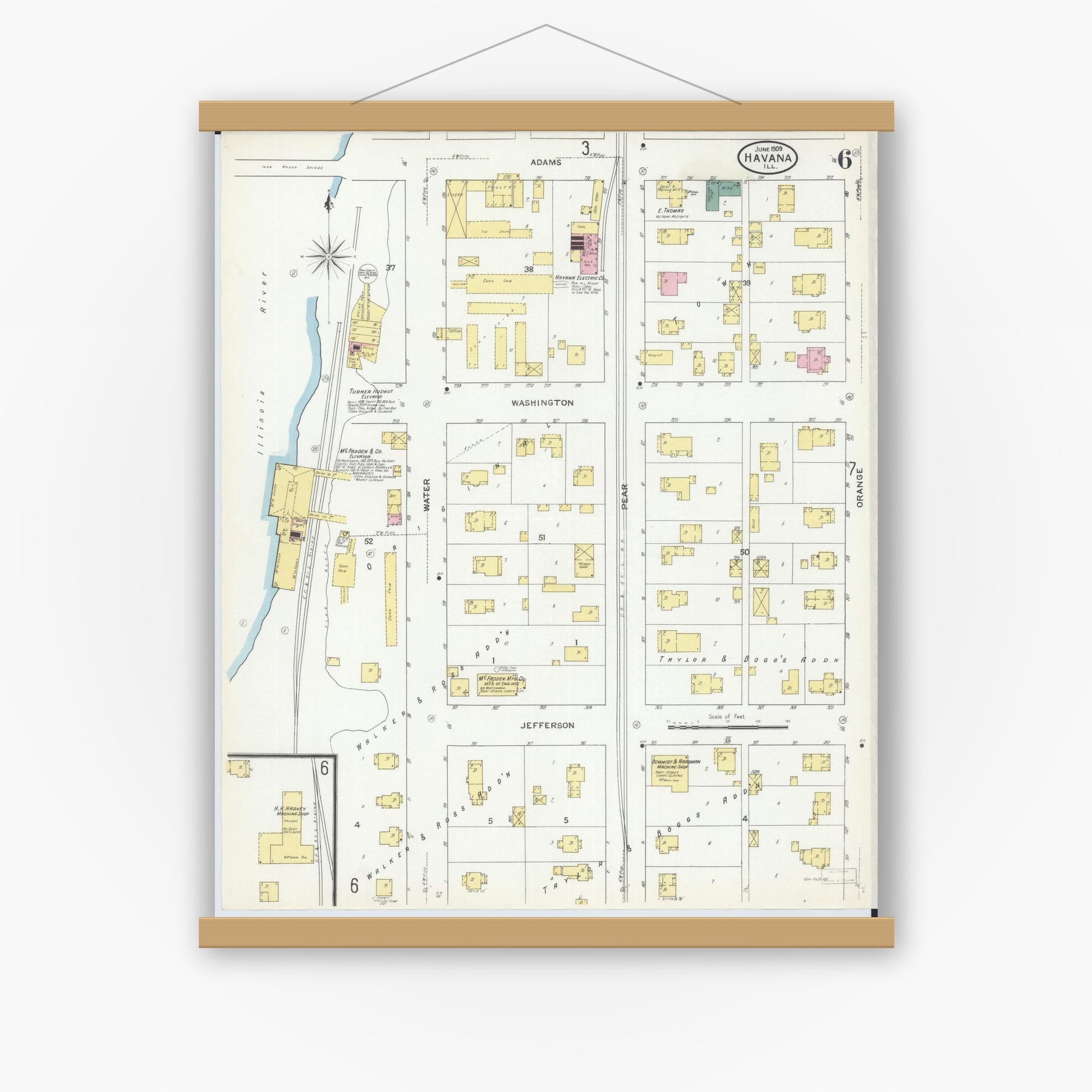 Old map wall art mockup — magnetic wood frame on white wall — Sanborn Fire Insurance Map from Havana, Mason County, Illinois (1909), Sheet #0006