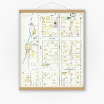Old map wall art mockup — magnetic wood frame on white wall — Sanborn Fire Insurance Map from Havana, Mason County, Illinois (1909), Sheet #0006
