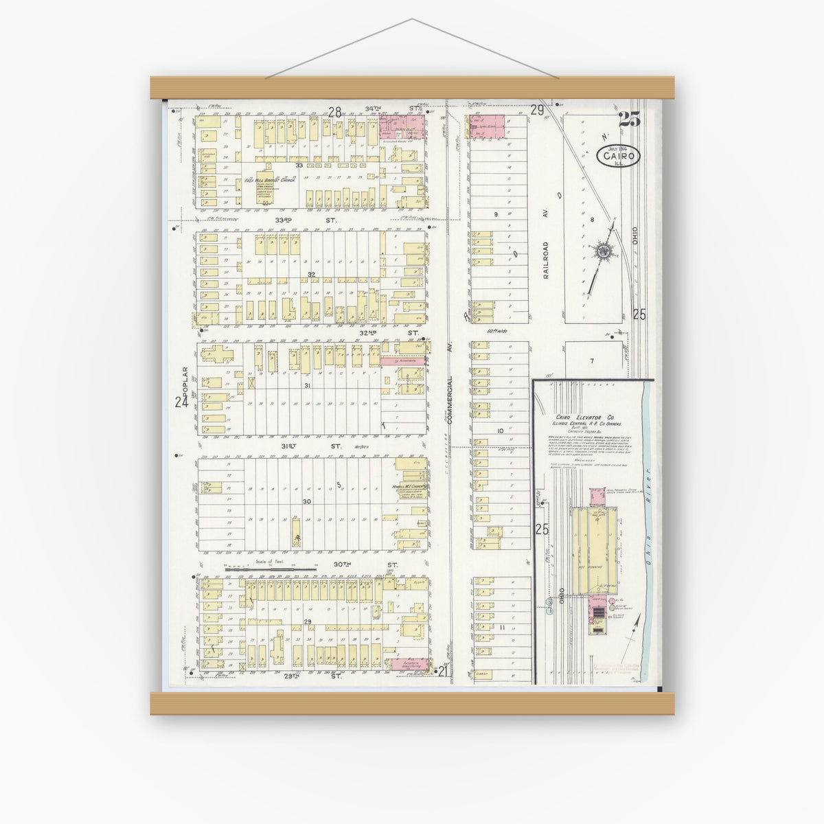 Old map wall art mockup — magnetic wood frame on white wall — Sanborn Fire Insurance Map from Cairo, Alexander County, Illinois (1914), Sheet #0025