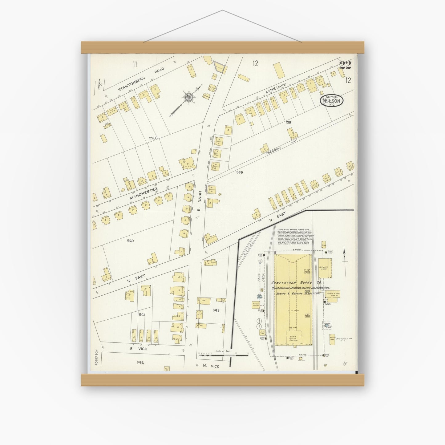 Old map wall art mockup — magnetic wood frame on white wall — Sanborn Fire Insurance Map from Wilson, Wilson County, North Carolina (1913), Sheet #0022