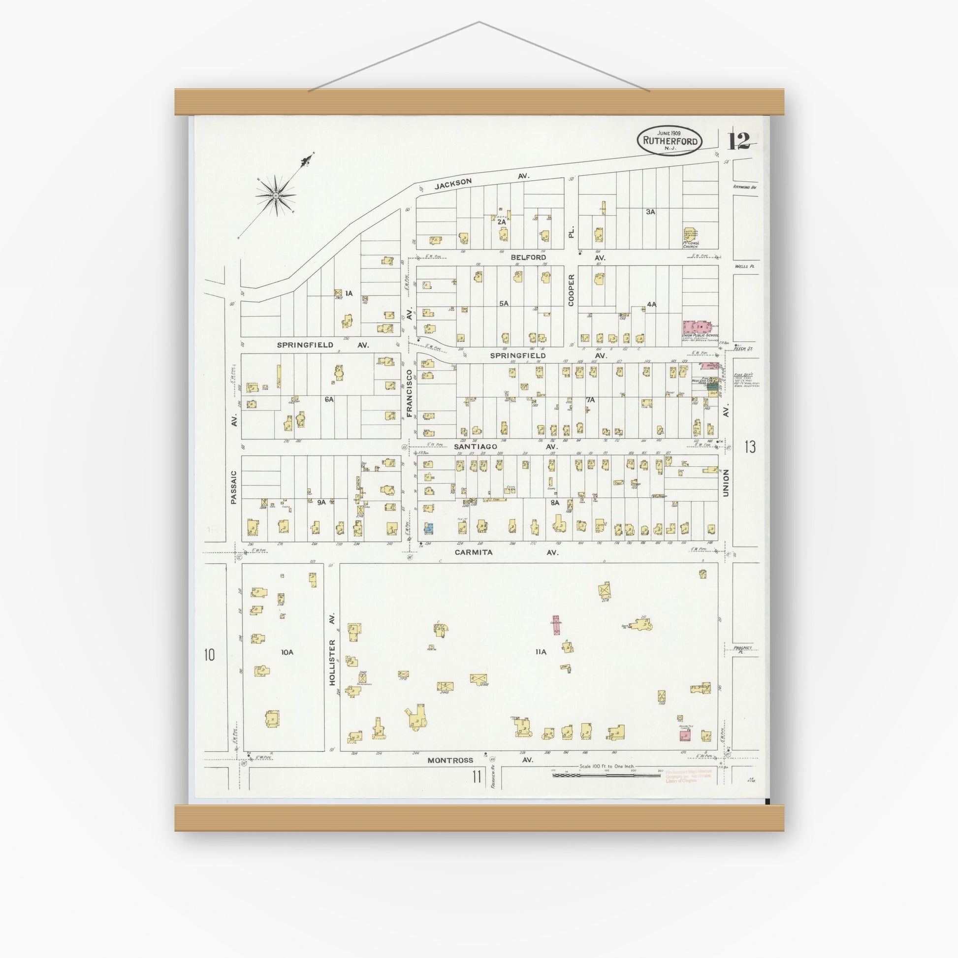 Old map wall art mockup — magnetic wood frame on white wall — Sanborn Fire Insurance Map from Rutherford, Bergen County, New Jersey (1909), Sheet #0012