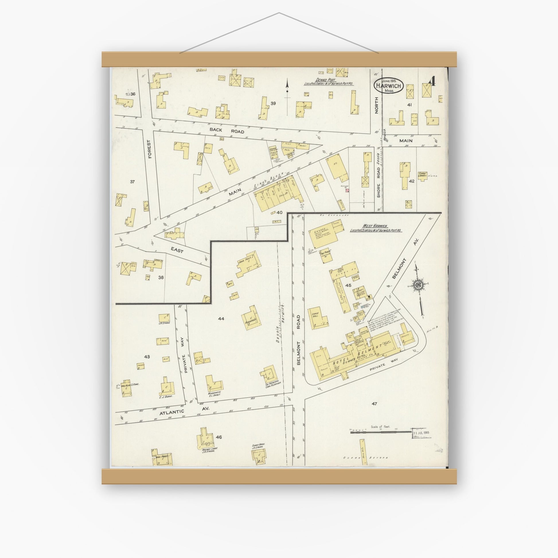 Old map wall art mockup — magnetic wood frame on white wall — Sanborn Fire Insurance Map from Harwich, Barnstable County, Massachusetts (1915), Sheet #0004