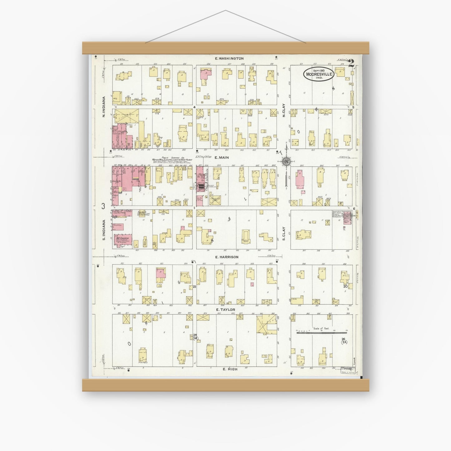 Old map wall art mockup — magnetic wood frame on white wall — Sanborn Fire Insurance Map from Mooresville, Morgan County, Indiana (1910), Sheet #0002
