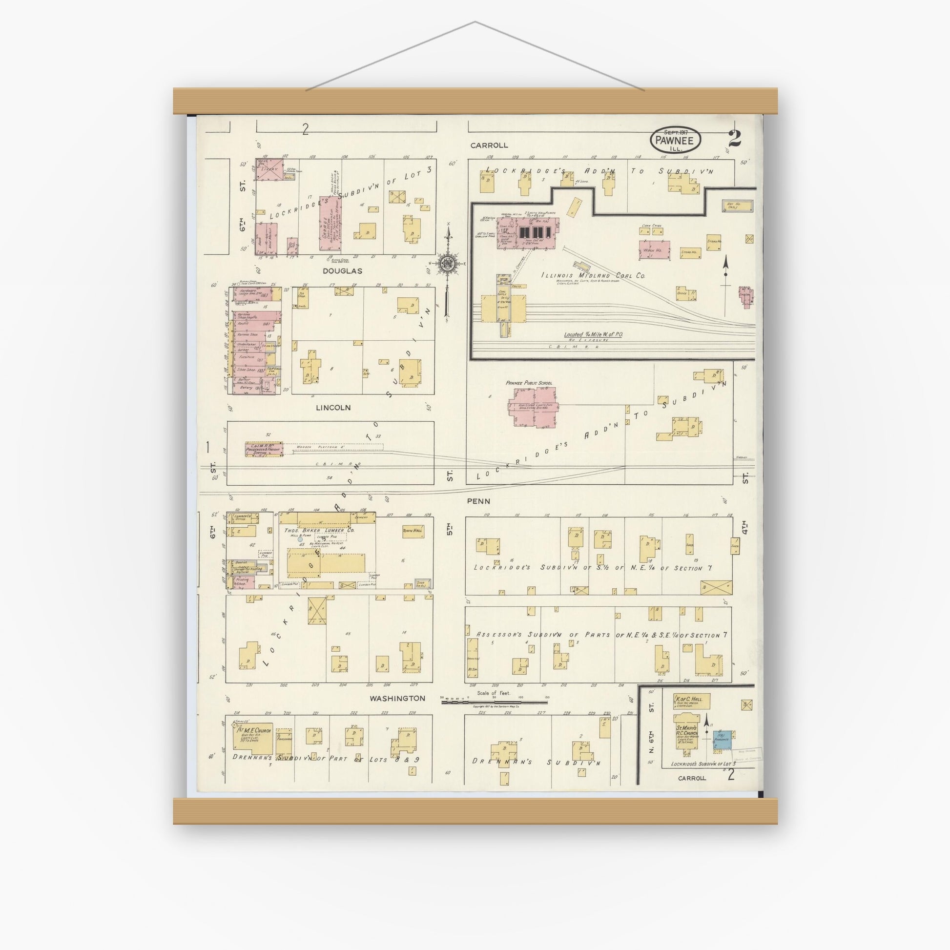 Old map wall art mockup — magnetic wood frame on white wall — Sanborn Fire Insurance Map from Pawnee, Sangamon County, Illinois (1917), Sheet #0002