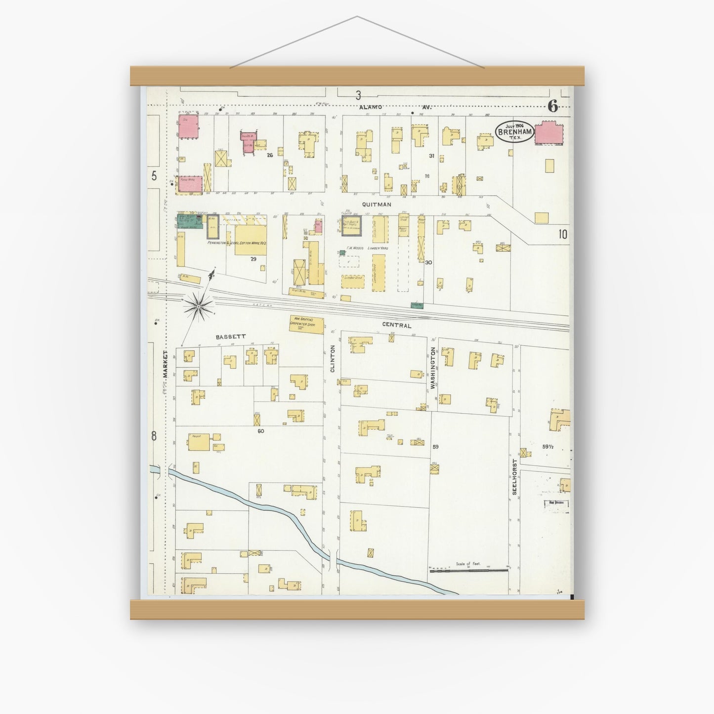 Old map wall art mockup — magnetic wood frame on white wall — Sanborn Fire Insurance Map from Brenham, Washington County, Texas (1906), Sheet #0006