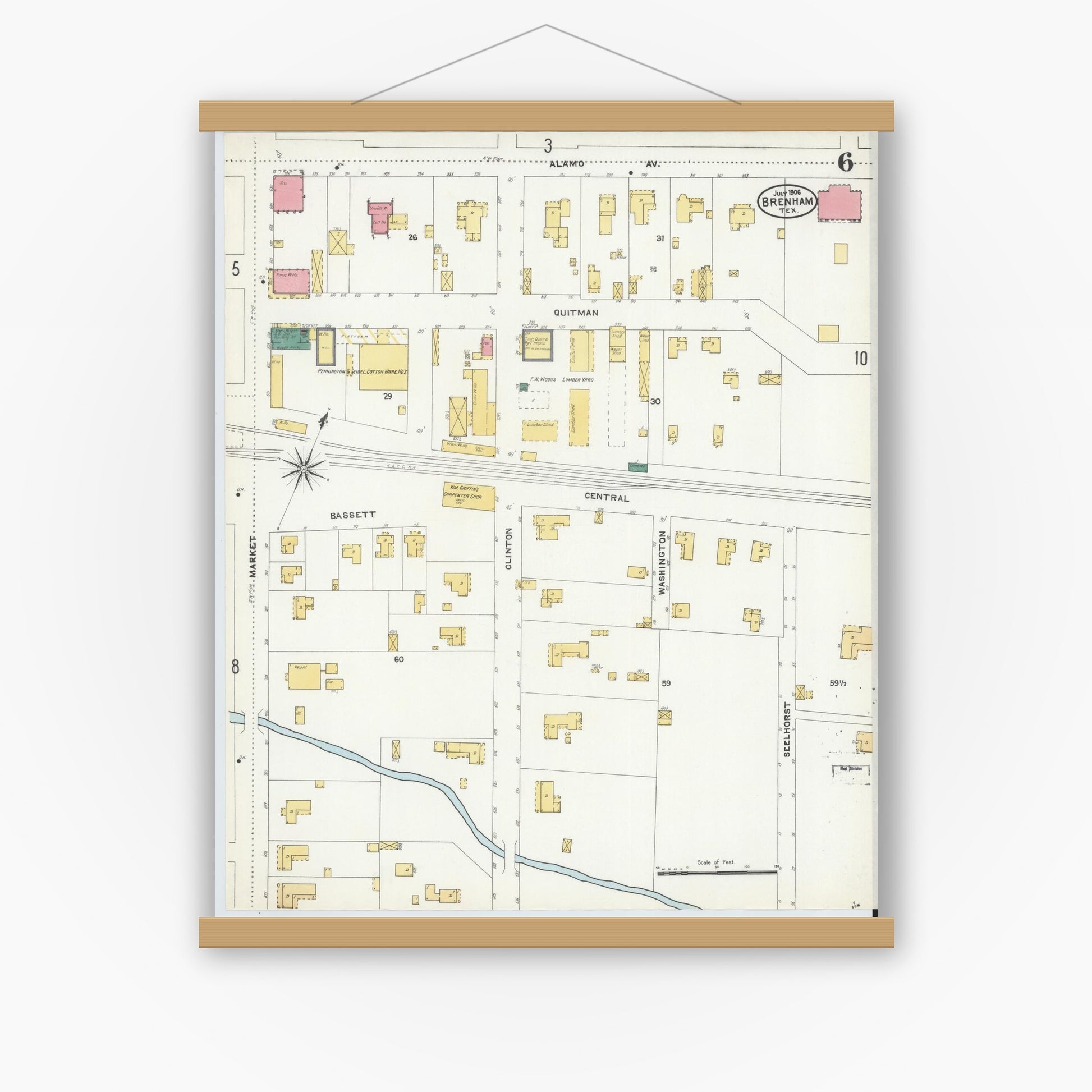 Old map wall art mockup — magnetic wood frame on white wall — Sanborn Fire Insurance Map from Brenham, Washington County, Texas (1906), Sheet #0006