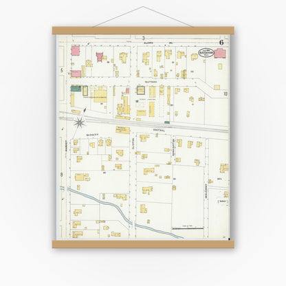 Old map wall art mockup — magnetic wood frame on white wall — Sanborn Fire Insurance Map from Brenham, Washington County, Texas (1906), Sheet #0006