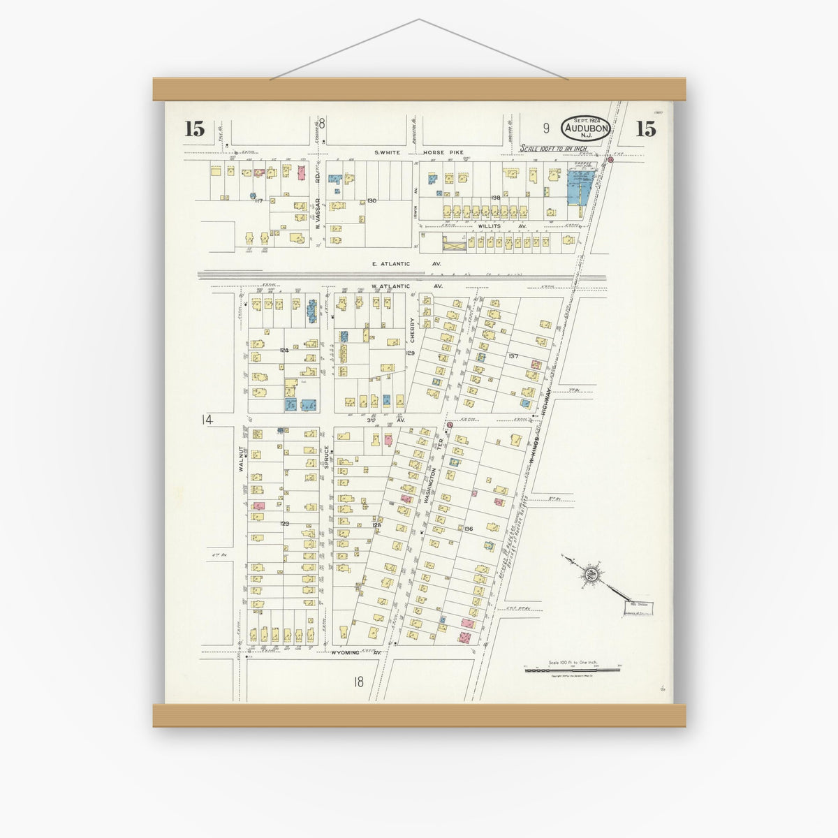 Old map wall art mockup — magnetic wood frame on white wall — Sanborn Fire Insurance Map from Audubon, Camden County, New Jersey (1924), Sheet #0015