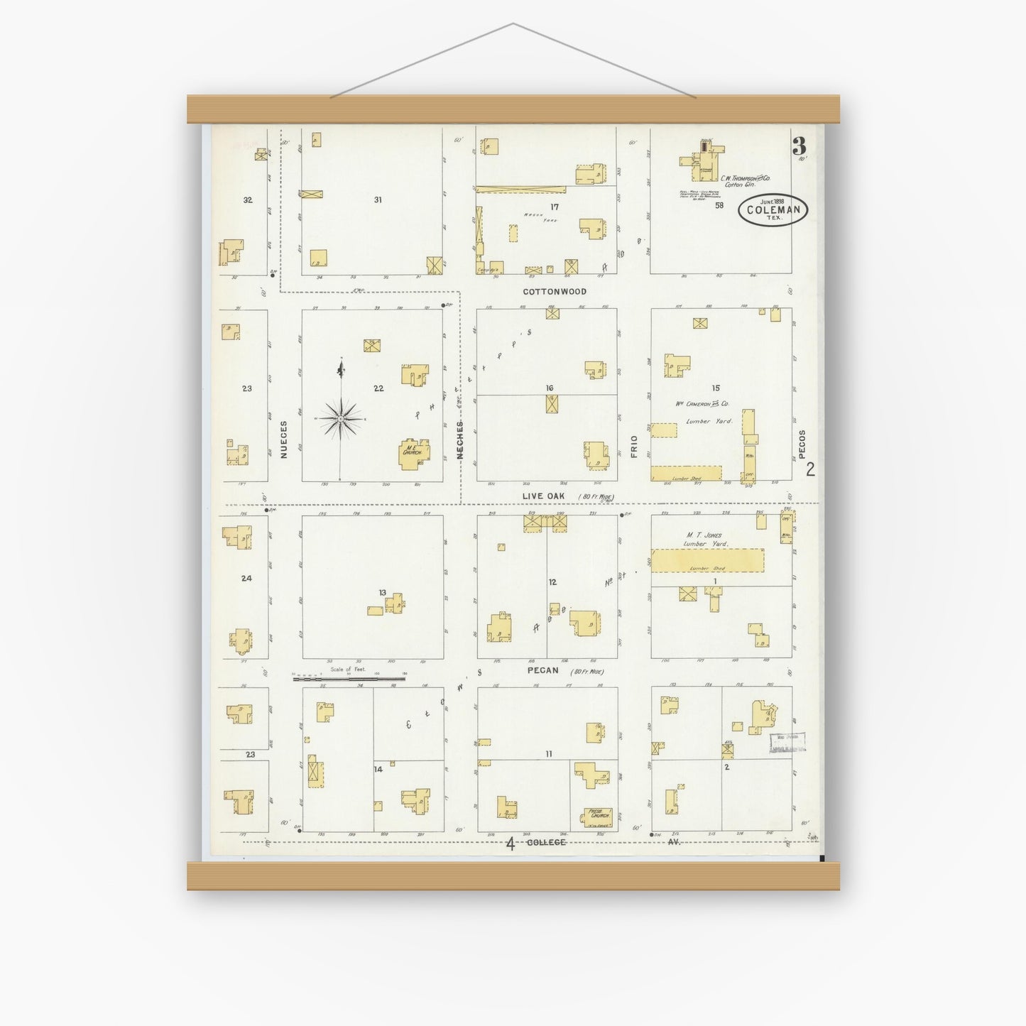 Old map wall art mockup — magnetic wood frame on white wall — Sanborn Fire Insurance Map from Coleman, Coleman County, Texas (1898), Sheet #0003