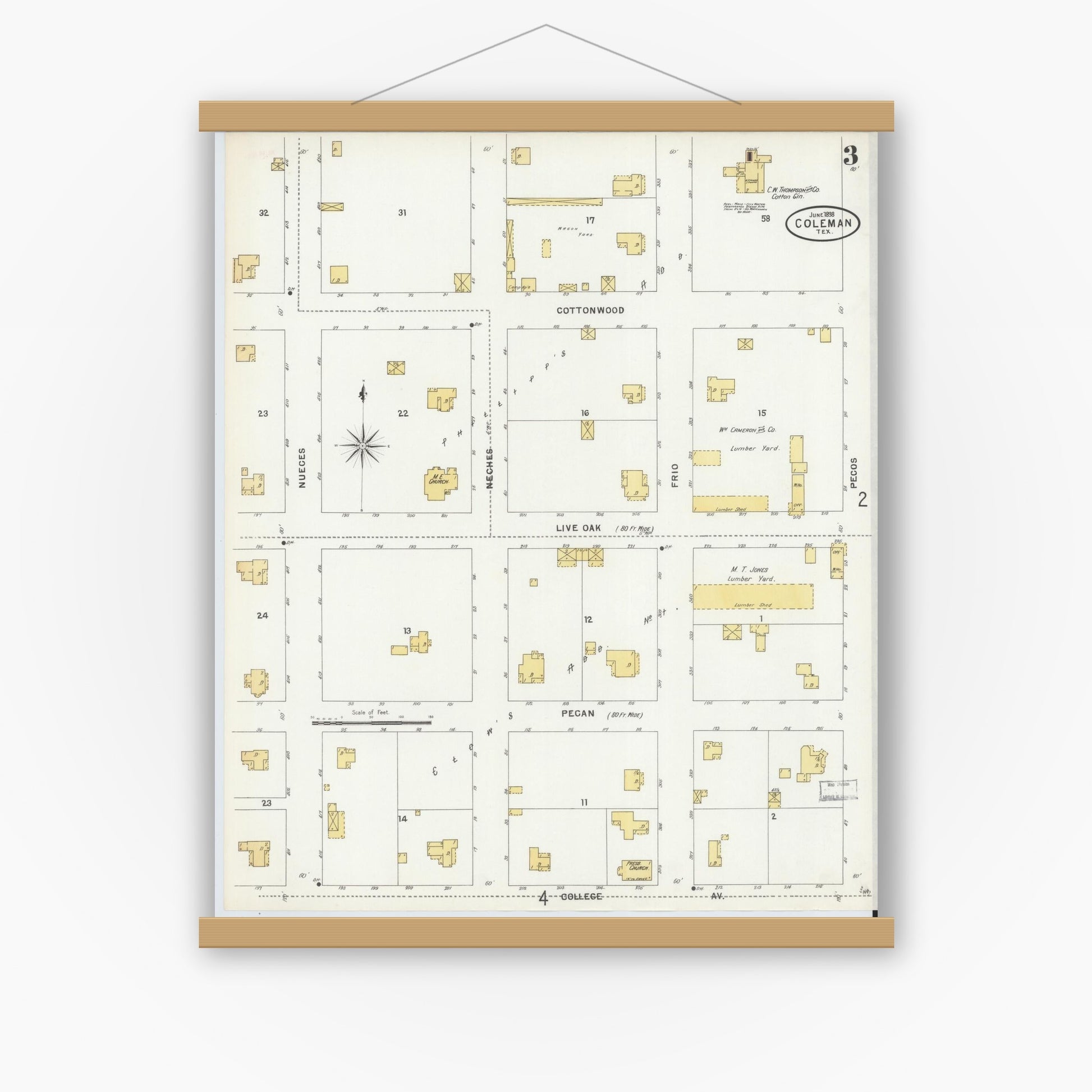 Old map wall art mockup — magnetic wood frame on white wall — Sanborn Fire Insurance Map from Coleman, Coleman County, Texas (1898), Sheet #0003