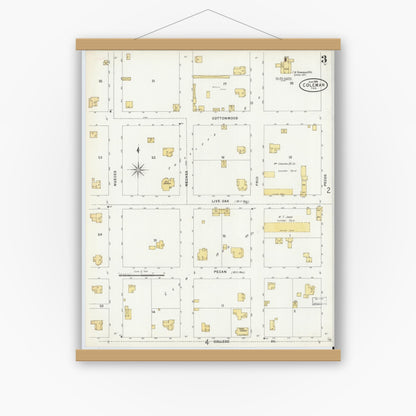 Old map wall art mockup — magnetic wood frame on white wall — Sanborn Fire Insurance Map from Coleman, Coleman County, Texas (1898), Sheet #0003