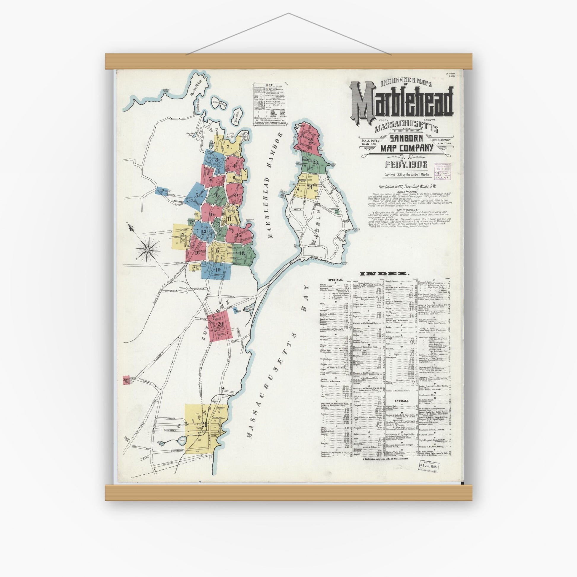 Old map wall art mockup — magnetic wood frame on white wall — Sanborn Fire Insurance Map from Marblehead, Essex County, Massachusetts (1908) - Complete Map Set