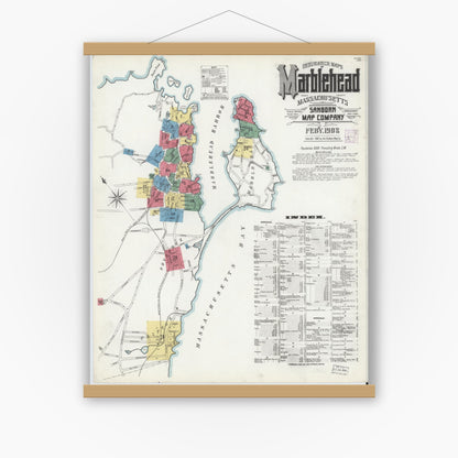 Old map wall art mockup — magnetic wood frame on white wall — Sanborn Fire Insurance Map from Marblehead, Essex County, Massachusetts (1908) - Complete Map Set