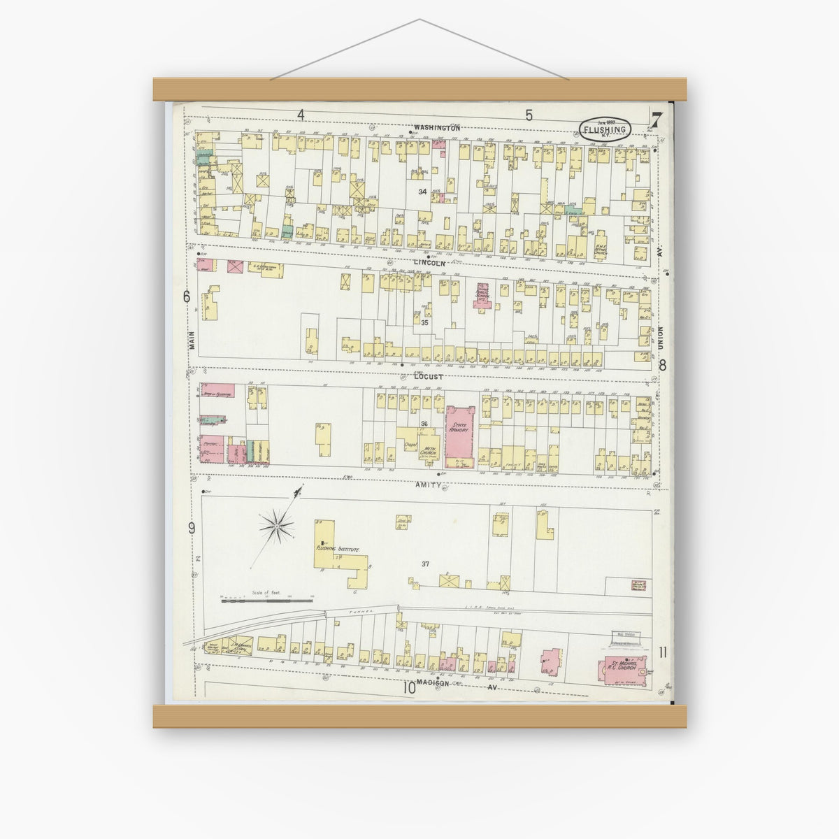 Old map wall art mockup — magnetic wood frame on white wall — Sanborn Fire Insurance Map from Flushing, Queens County, New York (1897), Sheet #0007