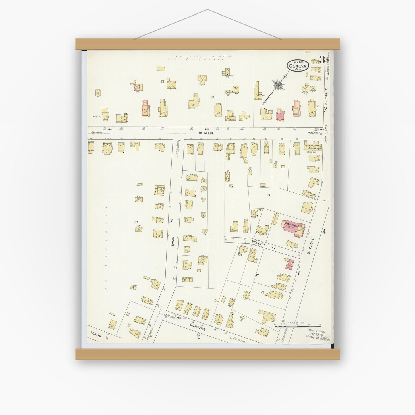 Old map wall art mockup — magnetic wood frame on white wall — Sanborn Fire Insurance Map from Geneva, Ashtabula County, Ohio (1911), Sheet #0003