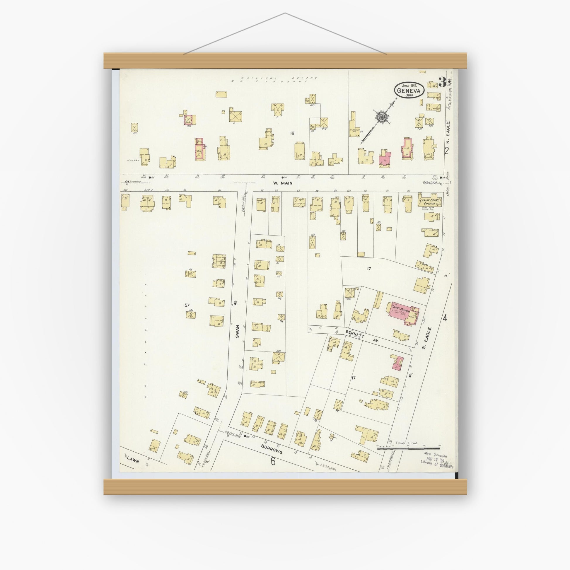 Old map wall art mockup — magnetic wood frame on white wall — Sanborn Fire Insurance Map from Geneva, Ashtabula County, Ohio (1911), Sheet #0003