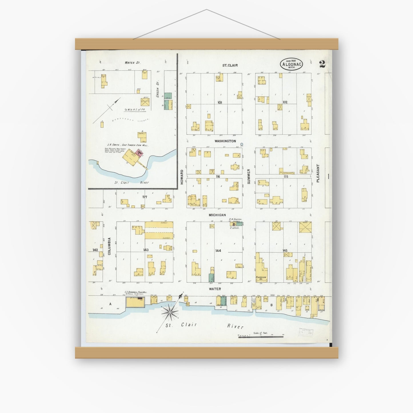 Old map wall art mockup — magnetic wood frame on white wall — Sanborn Fire Insurance Map from Algonac, Saint Clair County, Michigan (1900), Sheet #0002