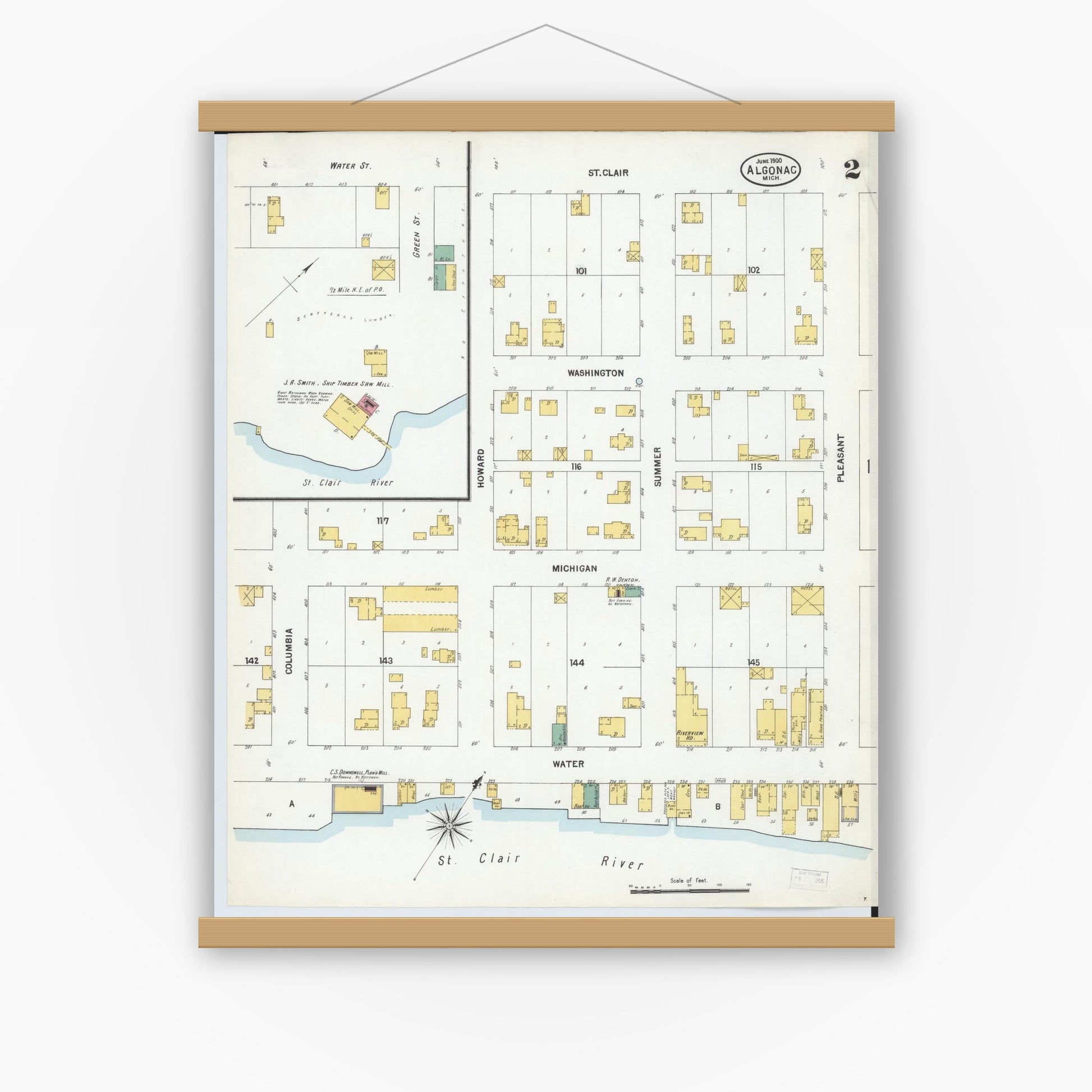 Old map wall art mockup — magnetic wood frame on white wall — Sanborn Fire Insurance Map from Algonac, Saint Clair County, Michigan (1900), Sheet #0002