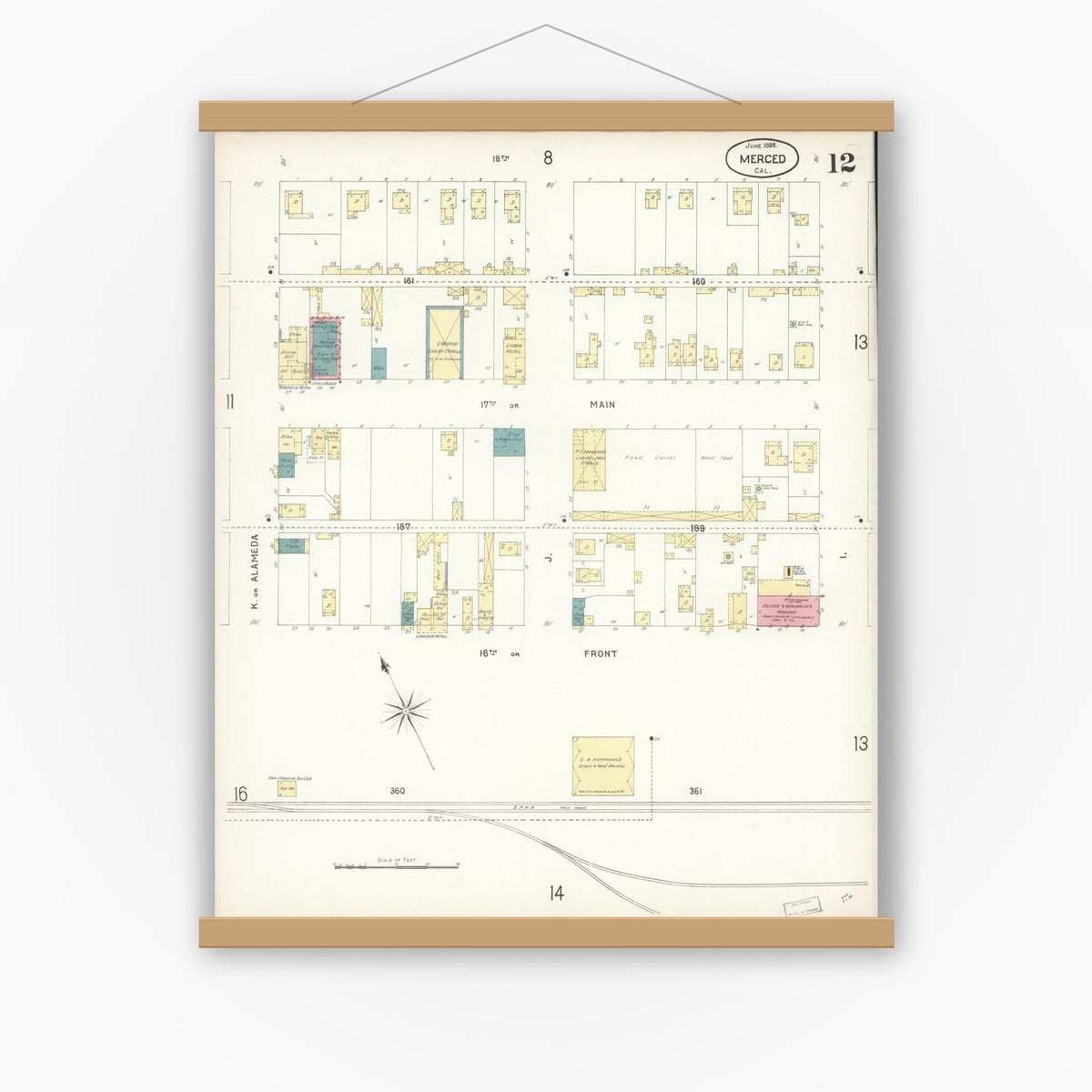 Old map wall art mockup — magnetic wood frame on white wall — Sanborn Fire Insurance Map from Merced, Merced County, California (1898), Sheet #0012