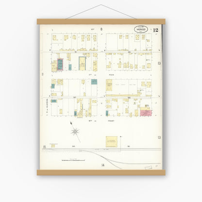 Old map wall art mockup — magnetic wood frame on white wall — Sanborn Fire Insurance Map from Merced, Merced County, California (1898), Sheet #0012