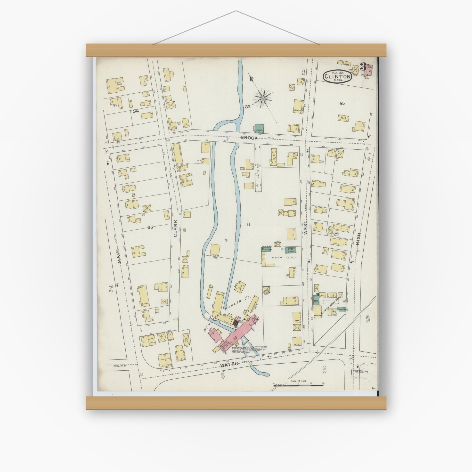 Old map wall art mockup — magnetic wood frame on white wall — Sanborn Fire Insurance Map from Clinton, Worcester County, Massachusetts (1894), Sheet #0003