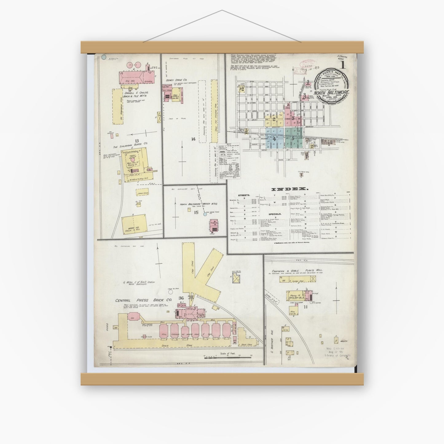 Old map wall art mockup — magnetic wood frame on white wall — Sanborn Fire Insurance Map from North Baltimore, Wood County, Ohio (1893) - Complete Map Set