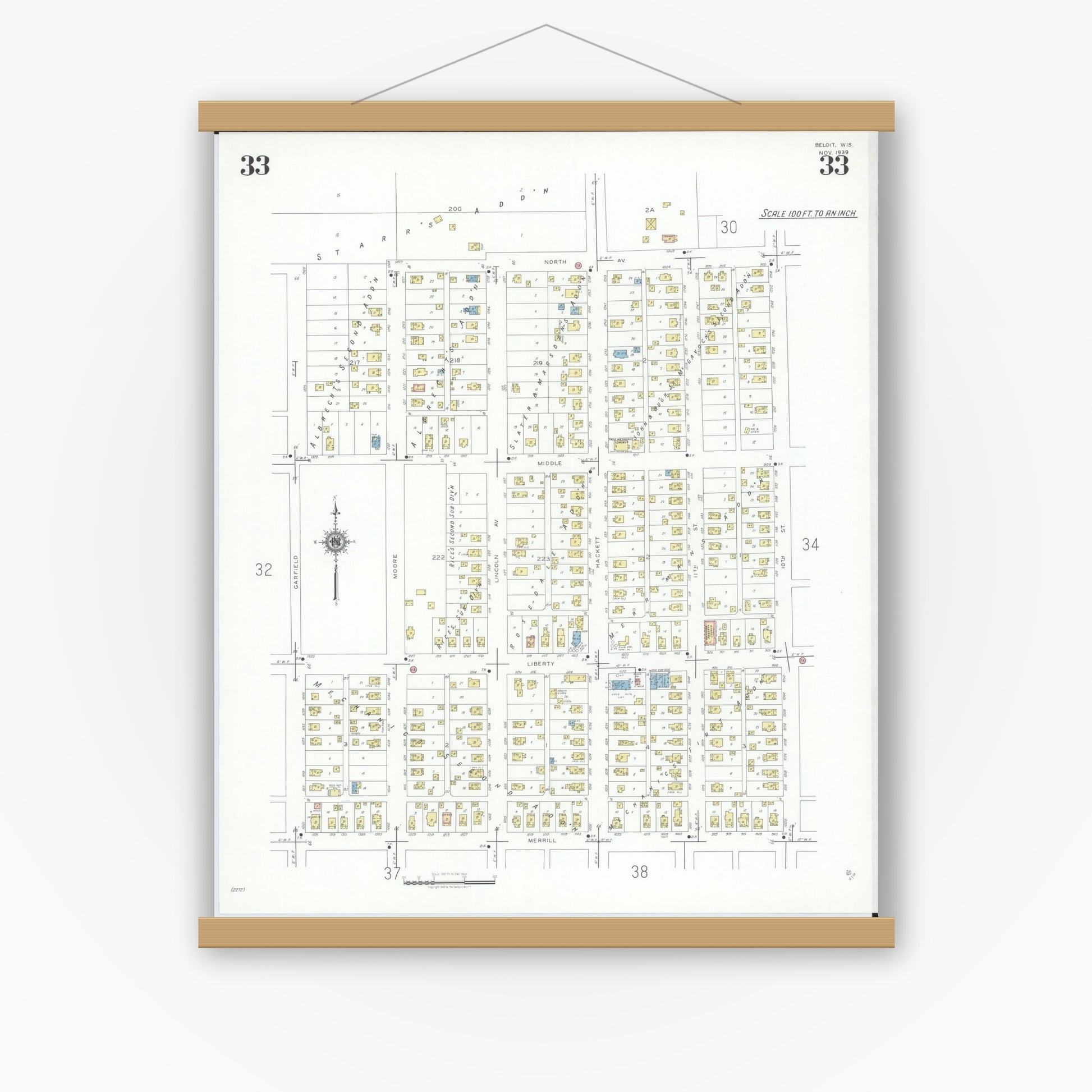 Old map wall art mockup — magnetic wood frame on white wall — Sanborn Fire Insurance Map from Beloit, Rock County, Wisconsin (1939), Sheet #0033